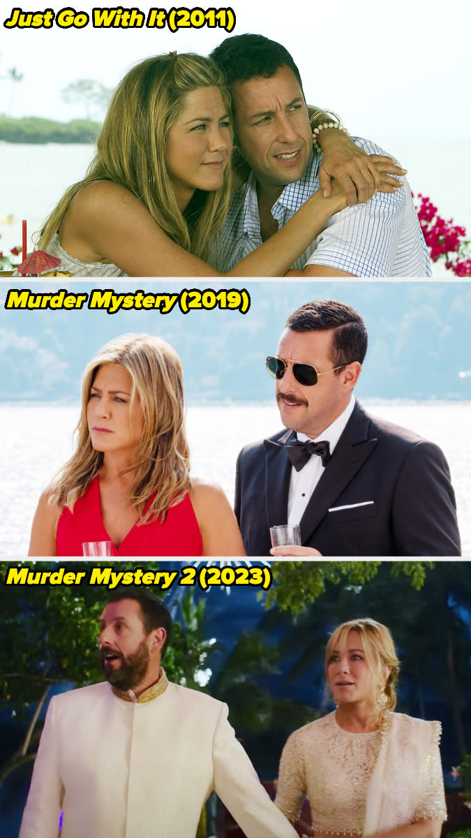 Jennifer Aniston and Adam Sandler in scenes from "Just Go With It" (2011), "Murder Mystery" (2019), and "Murder Mystery 2" (2023)