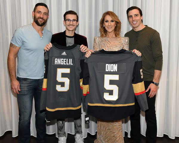 <p>Vegas Golden Knights/X</p> Céline Dion with son Réne-Charles (second from left) at a Montreal Canadiens hockey game