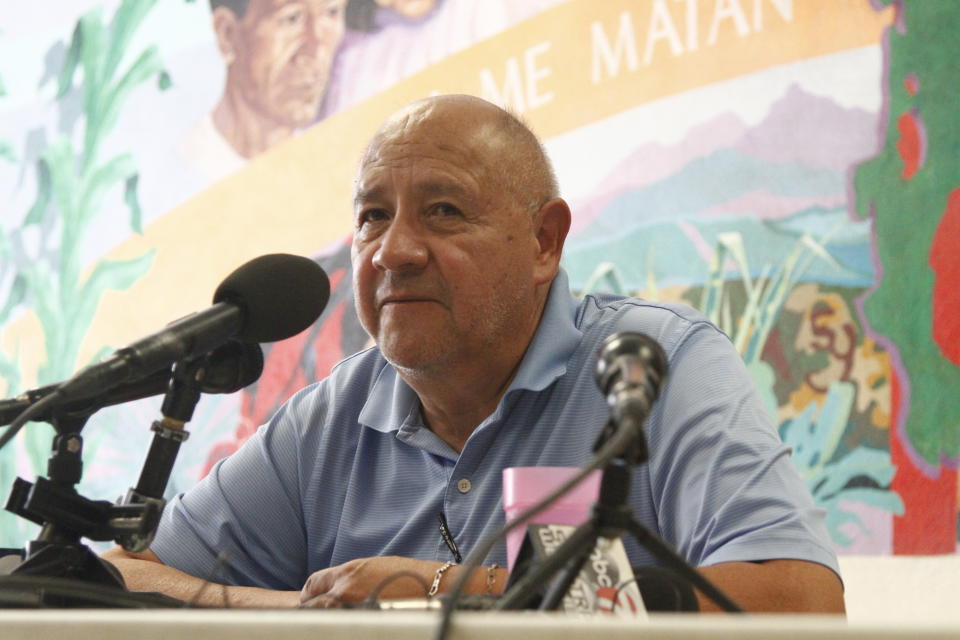 Pediatrician Carlos Gutierrez speaks Tuesday, July 2, 2019, at a shelter in El Paso, Texas, about treating migrant children released from Border Patrol detention centers along the Southwest border. (AP Photo/Cedar Attanasio)