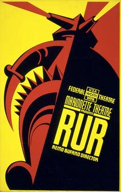 Striking red and yellow poster reading 'RUR'.