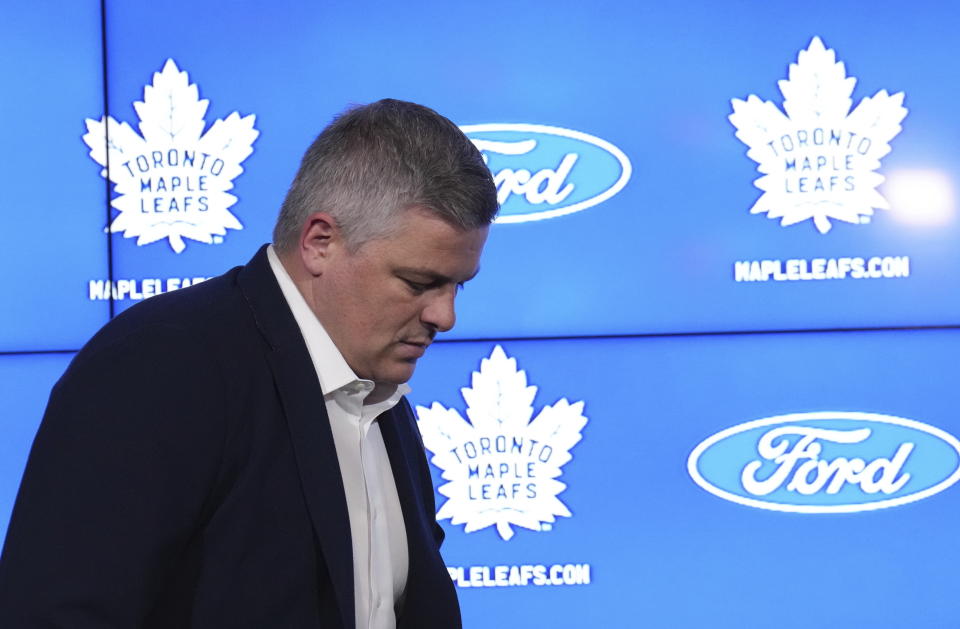 Toronto Maple Leafs coach Sheldon Keefe arrives for an end-of-season availability in Toronto, on Monday, May 15, 2023. The Maple Leafs were eliminated from the NHL playoffs by the Florida Panthers on Friday. (Nathan Denette/The Canadian Press via AP)