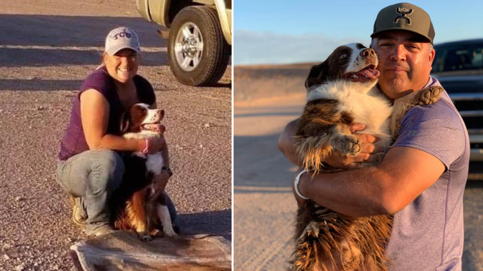 Cheryl Smith (left) and Eddie Baldenegro (right) with their dog Huckleberry 