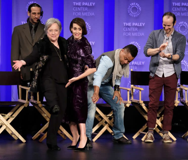 Cuba Gooding Jr. crept up behind Sarah Paulson as she greeted Kathy Bates onstage at PaleyFest. (Photo: Getty Images)