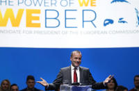 FILE - In this Saturday, May 18, 2019 file photo, Germany's Manfred Weber of the European People's Party addresses the audience at the Croatian Democratic Party assembly in Zagreb, Croatia. The European Parliament elections have never been so hotly anticipated or contested, with many predicting that this year’s ballot will mark a coming-of-age moment for the euroskeptic far-right movement. The elections start Thursday May 23, 2019 and run through Sunday May 26 and are taking place in all of the European Union’s 28 nations. (AP Photo/Darko Vojinovic, File)