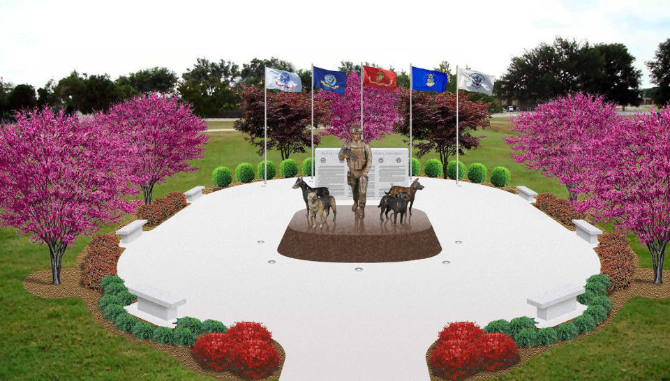 This undated publicity photo provided by John Burnam Monument Foundation, Inc., shows a conceptual drawing of the U.S. Military Working Dog Teams National Monument. It is the first national monument ever to pay tribute to dogs and honors every dog who has served in combat since World War II. (AP Photo/John Burnam Monument Foundation, Inc.)