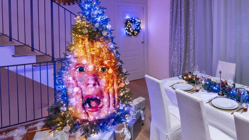 A Christmas tree decorated with Twinkly's Christmas lights with Macaulay Culkin's face from Home Alone superimposed on the tree.