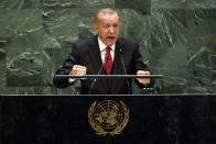 Turkey's President Recep Tayyip Erdogan addresses the 74th session of the United Nations General Assembly, Tuesday, Sept. 24, 2019. (AP Photo/Richard Drew)