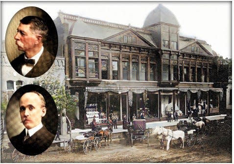 Lay & Lyman General Department Store, ca 1890s. Top inset photo, Hiram T. Lay; bottom, William H. Lyman.