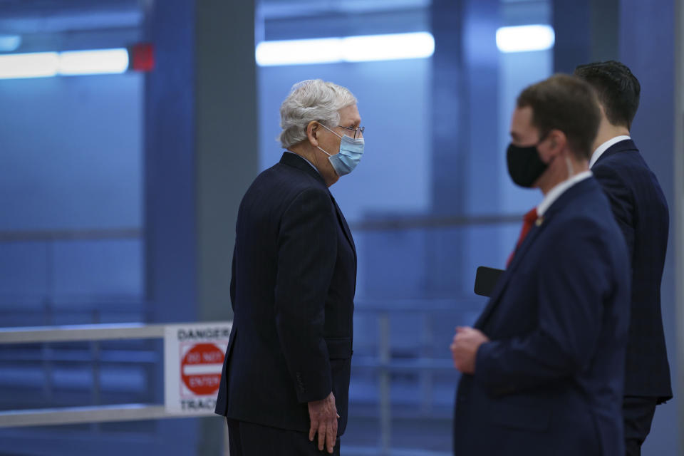 Senate Minority Leader Mitch McConnell, R-Ky., waits to board a subway at the Capitol after criticizing Democrats for wanting to change the filibuster rule, in Washington, Tuesday, March 16, 2021. (AP Photo/J. Scott Applewhite)