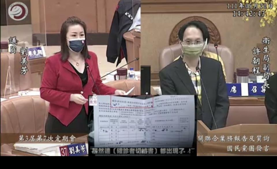 新北市議員劉美芳在市議會質詢衛生局副局長許朝程。   圖：劉美芳提供