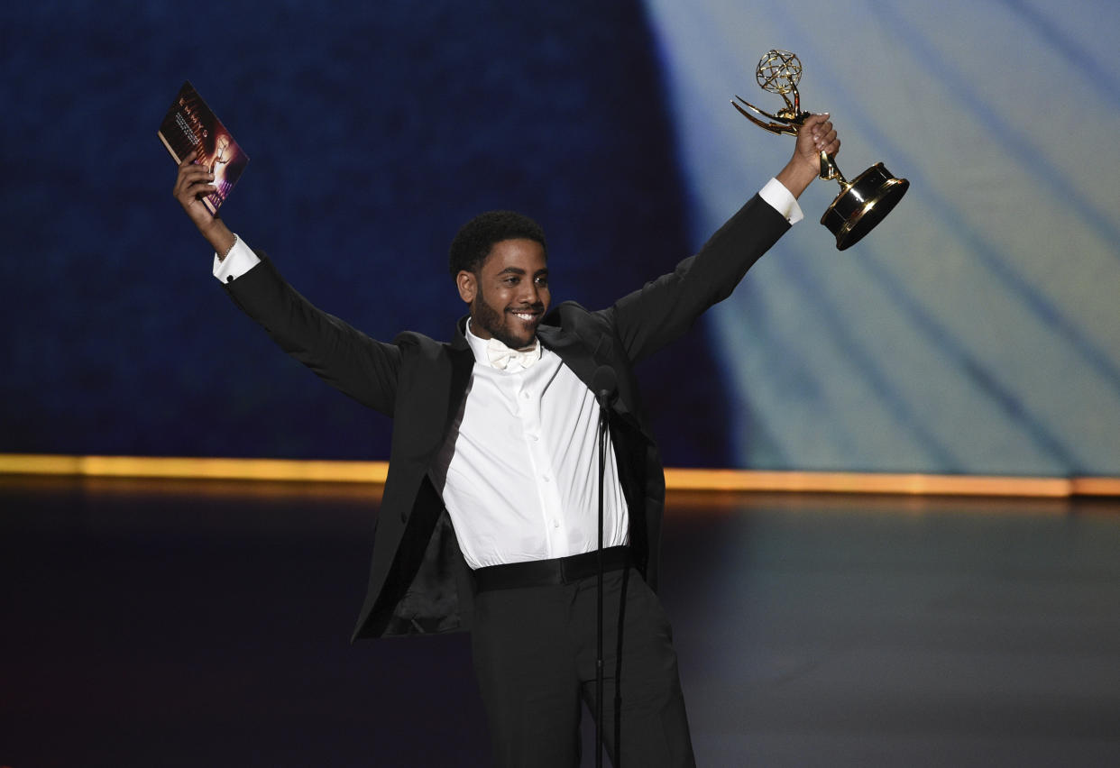 Jharrel Jerome accepts the award for outstanding lead actor in a limited series or movie for &quot;When They See Us&quot; at the 71st Primetime Emmy Awards on Sunday, Sept. 22, 2019, at the Microsoft Theater in Los Angeles. (Photo by Chris Pizzello/Invision/AP)