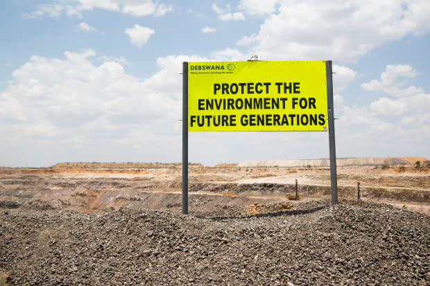 <em>A sign at Orapa, Botswana's largest diamond mine. Photo: Sophie Elgort/Courtesy of Forevermark</em>