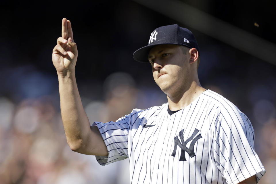 New York Yankees pitcher Jameson Taillon reacts walking off the field after being removed from the game during the eighth inning of the team's baseball game against the Tampa Bay Rays on Saturday, Sept. 10, 2022, in New York. (AP Photo/Adam Hunger)
