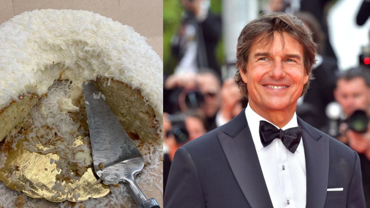 doan's bakery white chocolate coconut bundt cake next to tom cruise