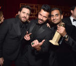 <p>Edgar Ramirez, Ricky Martin, and Aziz Ansari attend the Netflix Golden Globes party. (Photo: Kevin Mazur/Getty Images for Netflix) </p>