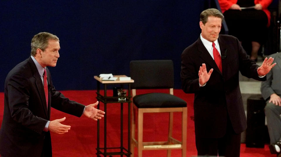 George W. Bush and Al Gore on Oct. 17, 2000. Source: Reuters/Jeff Mitchell