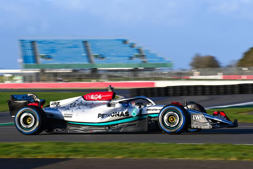 Mercedes-AMG test out their new W13 car at Silverstone (PA)