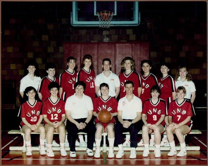 Jennifer Hale, front row, second from right, was a star basketball player at the University of New Brunswick.