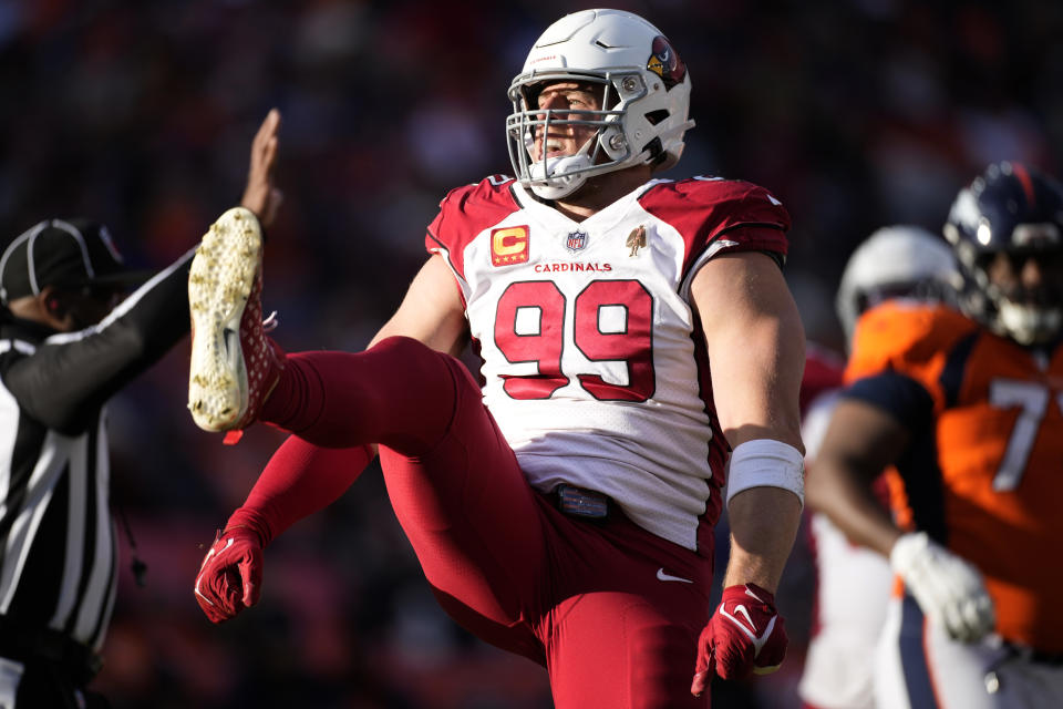 Arizona Cardinals defensive end J.J. Watt (99) celebrates his sack against the Denver Broncos during the first half of an NFL football game, Sunday, Dec. 18, 2022, in Denver. (AP Photo/David Zalubowski)