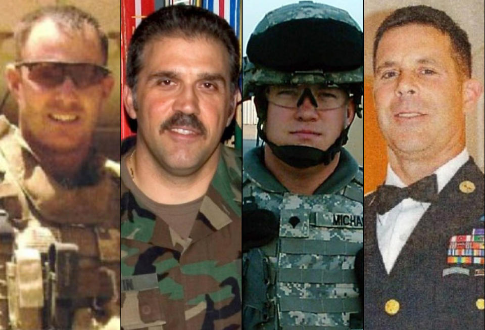 This combination of undated family photos provided by the Show of Support, Hunt for Heroes committee show, from left: Sgt. Maj. Gary Stouffer, 37; Sgt. Maj. Lawrence Boivin, 47; Army Sgt. Joshua Michael, 34, and Sgt. Maj. William Lubbers, 43, four veterans killed when a parade float they were riding on was struck by a freight train at a crossing Thursday, Nov. 15, 2012, in Midland, Texas. (AP Photo/Courtesy Show Of Support)