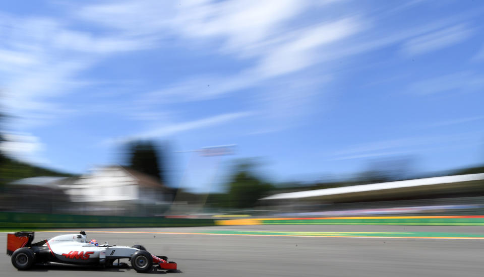 <p>Haas driver Romain Grosjean of France steers his car through a corner during the second practice session at the Belgian Formula One Grand Prix circuit in Spa-Francorchamps, Belgium, Aug. 26, 2016. The Belgian Formula One Grand Prix will be held on Sunday. (Photo: Geert Vanden Wijngaert/AP) </p>