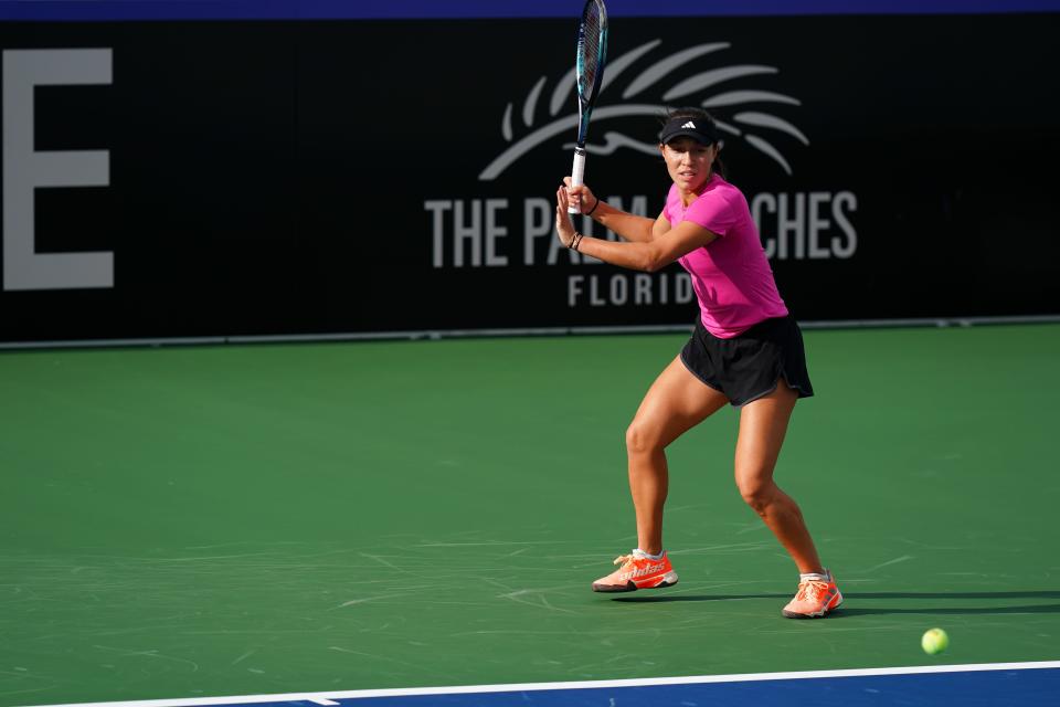 DELRAY BEACH, FL - APRIL 11: Jessica Pegula of the USA hits a forehand during practice ahead of the Billie Jean King Cup Qualifier between the USA and Austria on April 11, 2023 in Delray Beach, Florida. (Photo by Manuela Davies/USTA)