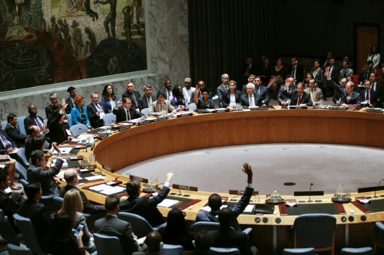 Members of UN Security Council vote during a Security Council meeting at United Nations Headquarters in New York on July 29, 2015