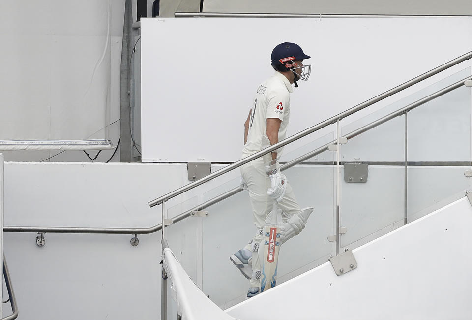 BIRMINGHAM, ENGLAND - AUGUST 03: James Anderson of England looks dejected after being dismissed by Nathan Lyon of Australia  during day three of the 1st Specsavers Ashes Test between England and Australia at Edgbaston on August 03, 2019 in Birmingham, England. (Photo by Ryan Pierse/Getty Images)