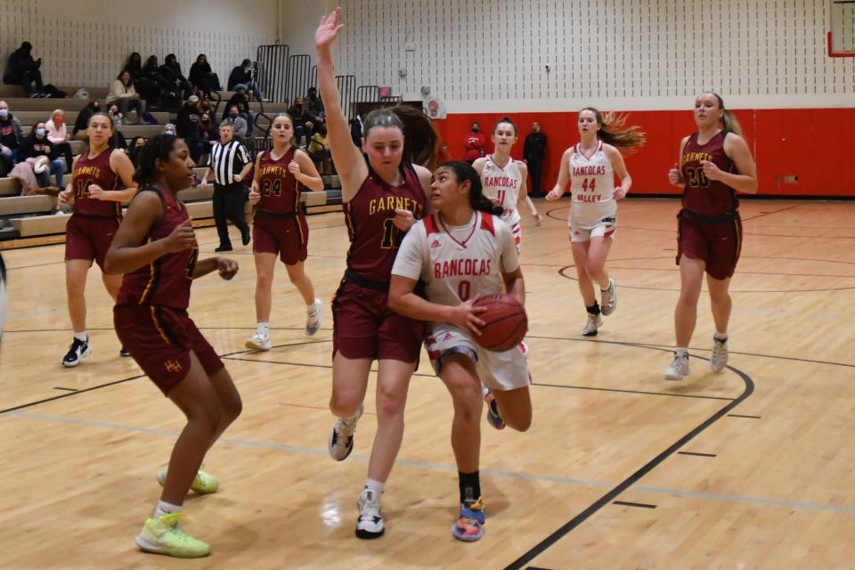 Rancocas Valley senior Adriana Agosto goes up for a layup against Haddon Heights forward Maggie Campbell