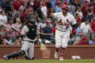 St. Louis Cardinals' Juan Yepez celebrates after hitting a three-run home run during the fourth inning of a baseball game against the Miami Marlins Monday, June 27, 2022, in St. Louis. (AP Photo/Jeff Roberson)