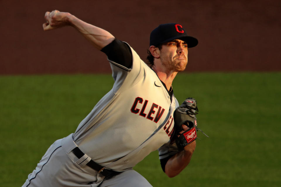 Cleveland Indians starting pitcher Shane Bieber delivers during the first inning of a baseball game against the Pittsburgh Pirates in Pittsburgh, Thursday, Aug. 20, 2020. (AP Photo/Gene J. Puskar)