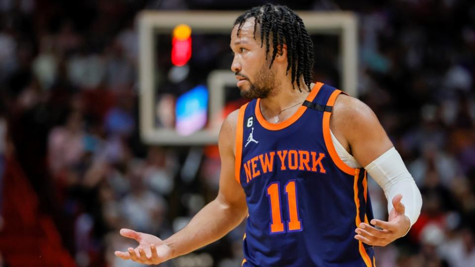 Mar 22, 2023;  Miami, Florida, USA;  New York Knicks guard Jalen Brunson (11) reacts during the third quarter against the Miami Heat at Miami-Dade Arena.  Mandatory Credit: Sam Navarro-USA TODAY Sports