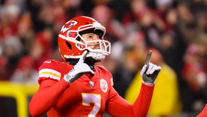 Kansas City Chiefs place kicker Harrison Butker celebrates after hitting a 50-yard field goal against the Jacksonville Jaguars during the second half of an NFL divisional round playoff football game, Saturday, Jan. 21, 2023, in Kansas City, Mo.