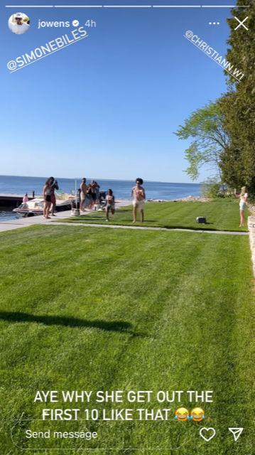 Simone Biles and Christian Watson competed in a race over the Memorial Day weekend in Door County during a party that AJ Dillon and his wife, Gabrielle, hosted.