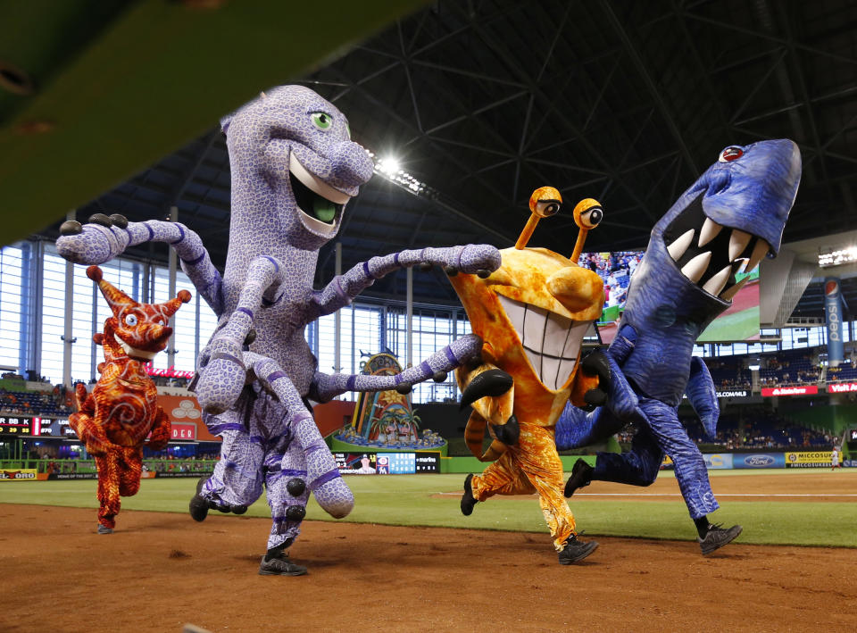 The Marlins mascot race reportedly made David Samson angry one time. (AP Photo/Wilfredo Lee)