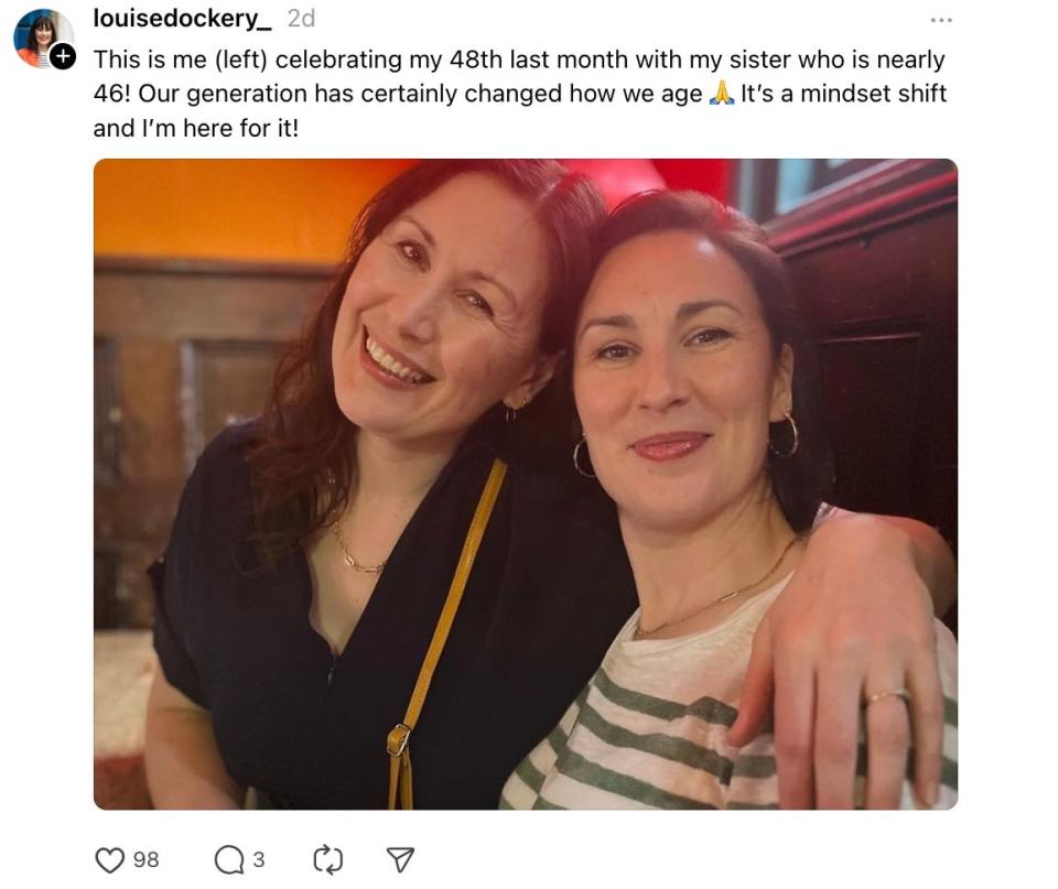 Louise Dockery (left) and her sister smile with arms around each other, celebrating Louise's 48th birthday. Text discusses generational mindset shift