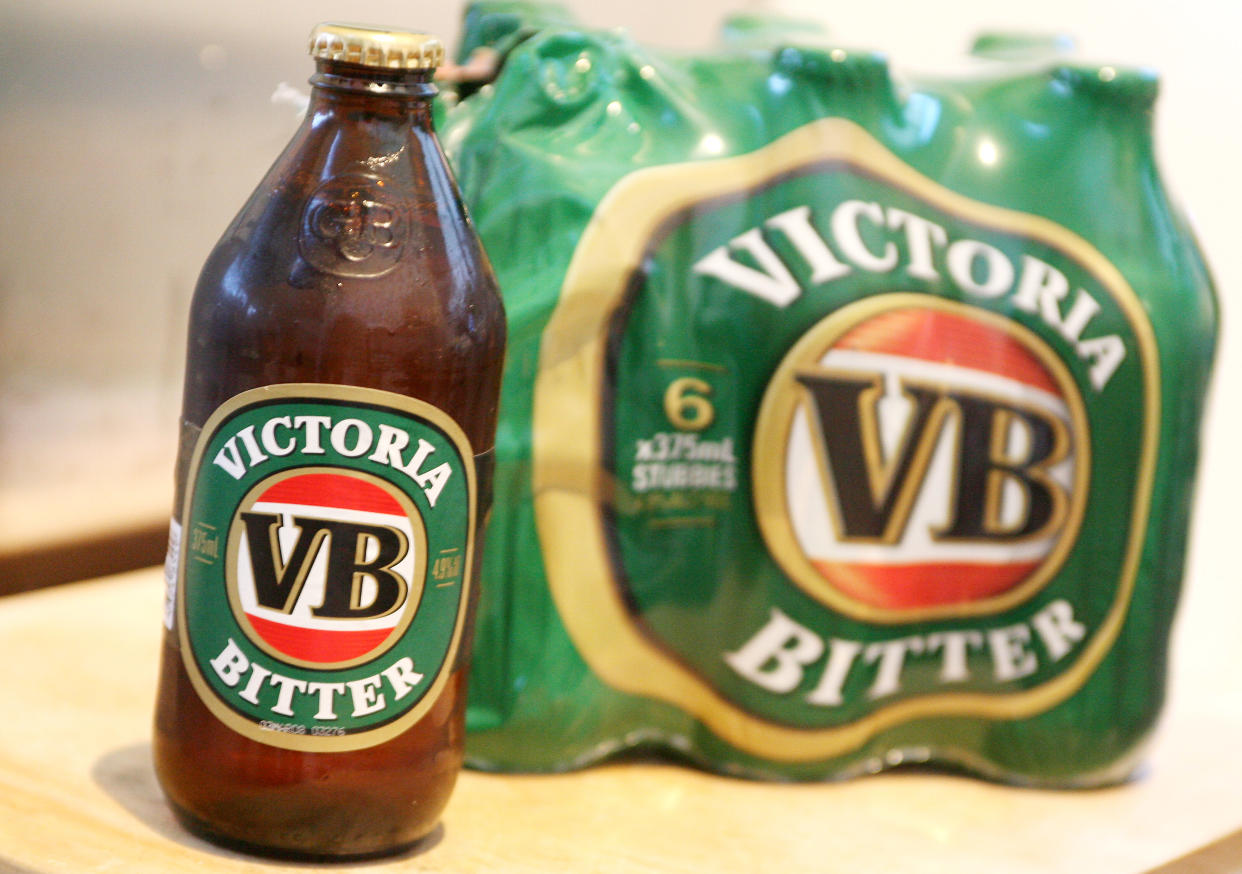 This picture taken in Melbourne 04 July 2007 shows Australia's iconic Victoria Bitter beer which is about to become less boozey, after Foster's brewery announced the same day it will cut the drink's alcohol content to lower its tax bill.  The reduction in alcohol content in Australia's most popular beer is expected to cut the amount of excise tax Foster's pays by as much as 10 million dollars (8.5 million USD) a year.  Foster's said while the alcohol content was on the hop -- to be cut from 4.9 percent to 4.8 percent -- the taste would remain the same.  "I think I'd be lynched if we changed the taste of VB," spokesman Ben Wicks said. (Photo credit should read WILLIAM WEST/AFP/Getty Images)