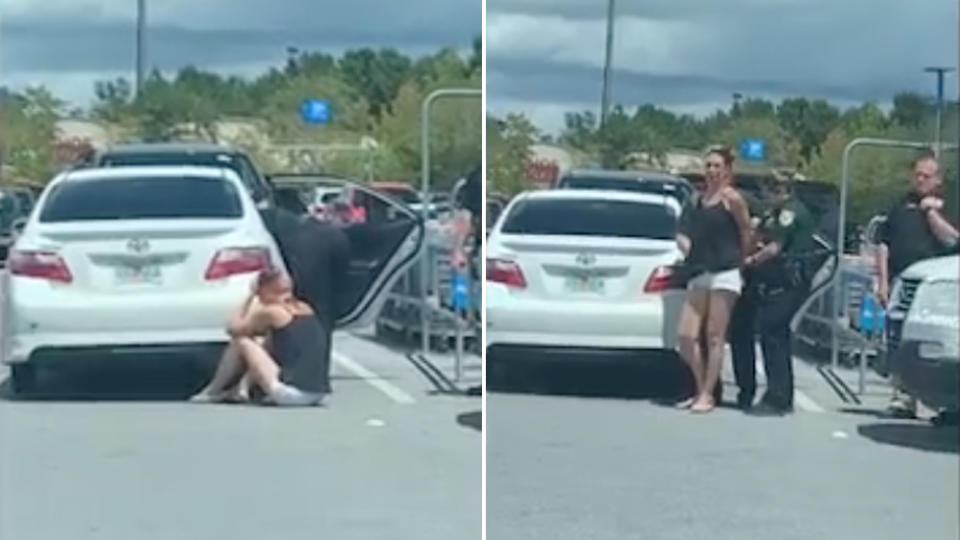 Crystal Marie Houk in tears (left) as she spoke to police, who arrested her (right), when her dog was found dead inside of her car.