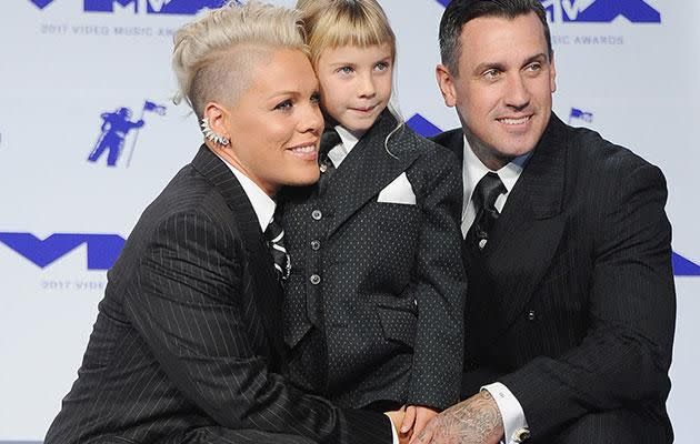 Pink and husband Carey Hart pose with their daughter Willow. Source: Getty