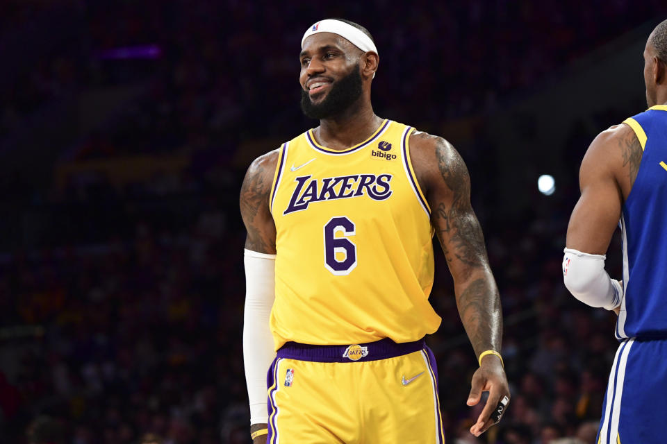 <p>James scored 34 points and had 11 rebounds and five assists during the Lakers' loss to the Warriors.</p>