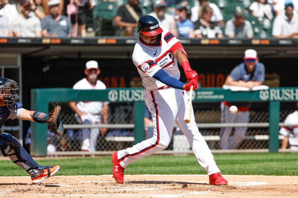 Chicago White Sox designated hitter Eloy Jimenez (74) hits an RBI-single against the Detroit Tigers during the first inning at Guaranteed Rate Field in Chicago on Sunday, Sept. 3, 2023.