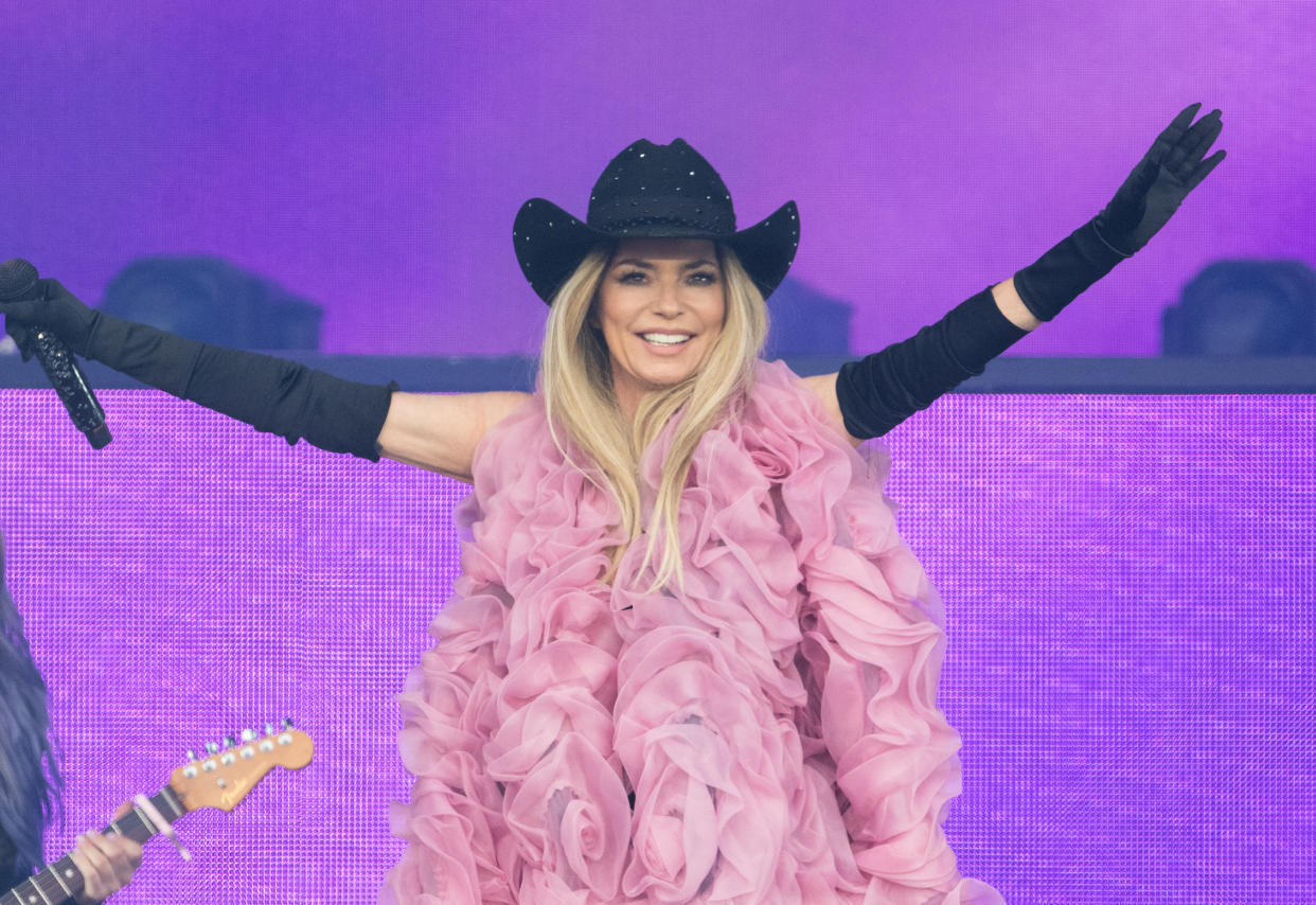 GLASTONBURY, ENGLAND - JUNE 30: Shania Twain performs on the Pyramid stage during day five of Glastonbury Festival 2024 at Worthy Farm, Pilton on June 30, 2024 in Glastonbury, England. Founded by Michael Eavis in 1970, Glastonbury Festival features around 3,000 performances across over 80 stages. Renowned for its vibrant atmosphere and iconic Pyramid Stage, the festival offers a diverse lineup of music and arts, embodying a spirit of community, creativity, and environmental consciousness. (Photo by Samir Hussein/WireImage)