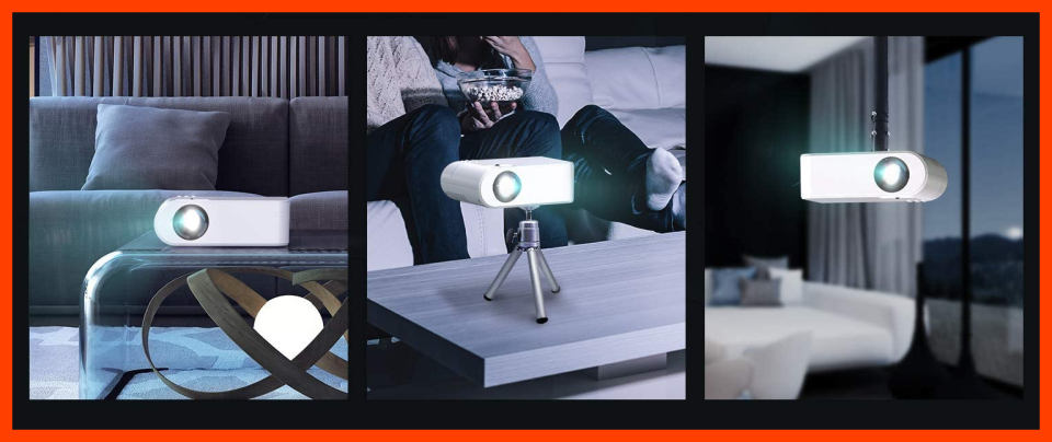 mini projector in different places in a living room