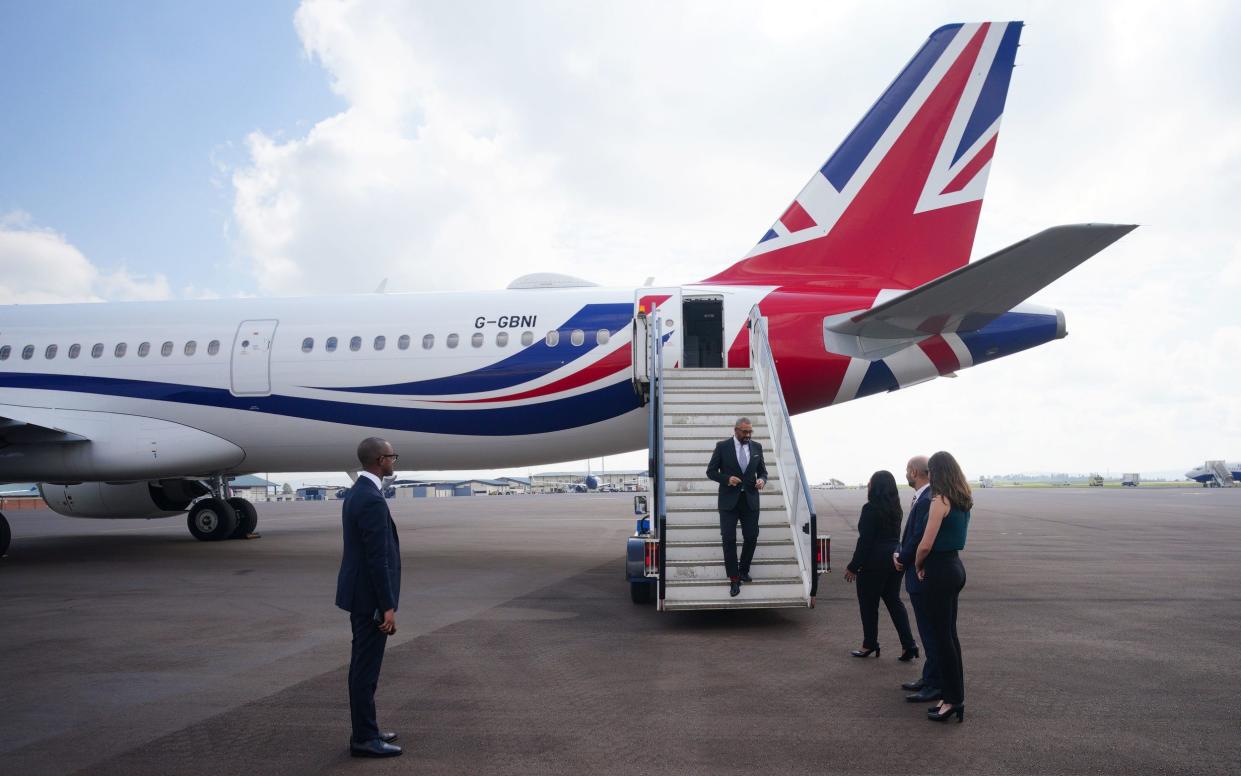 James Cleverly arrives at Kigali International Airport in Rwanda