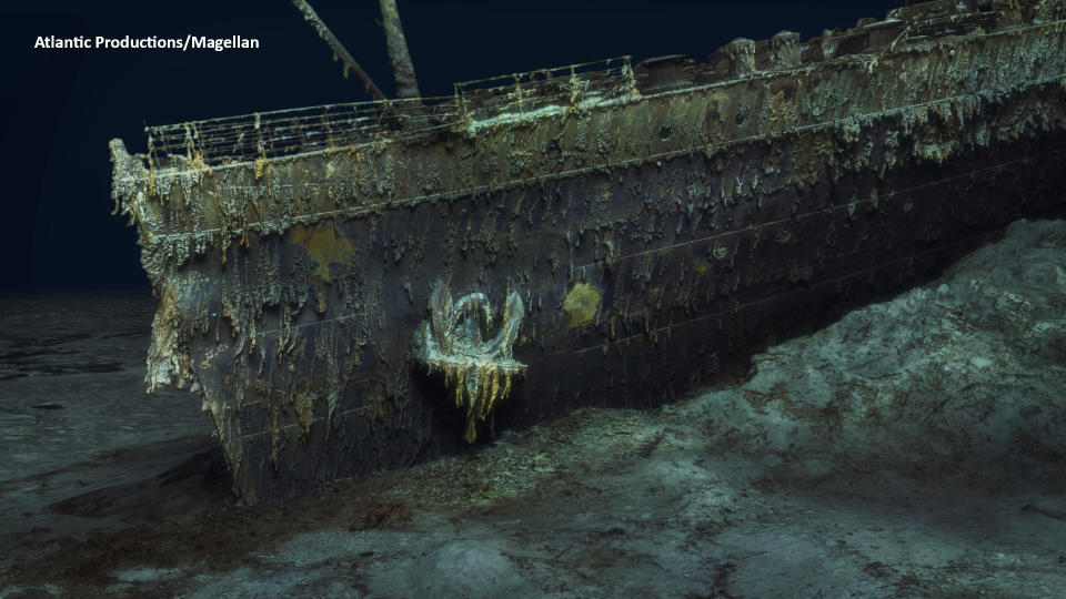 The bow of the Titanic, which sank in 1912, resting on the ocean floor.  (Atlantic Productions / Magellan)