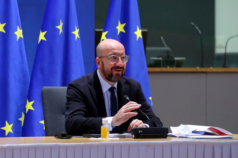 FILE PHOTO: EU Council President Charles Michel attends a video conference with representatives of member states, in Brussels