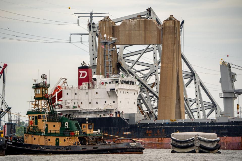 The Balsa 94, a bulk carrier cargo ship, sailing past the Francis Scott Key Bridge wreckage on Thursday (Getty)