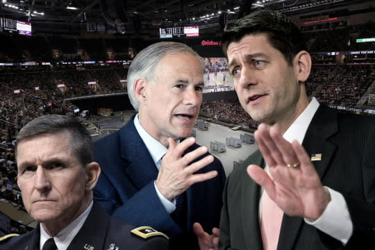 Michael Flynn, Greg Abbott, Paul Ryan, Quicken Loans Arena. (Photo illustration: Yahoo News; photos: AP (3), Aaron Josefczyk/Reuters)