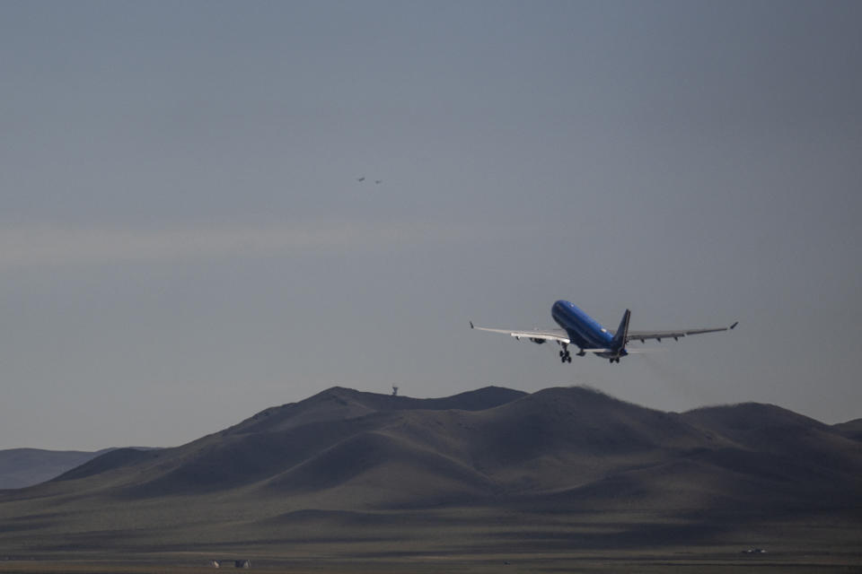 A plane carrying Pope Francis takes off from Ulaanbaatar's International airport Chinggis Khaan in Ulaanbaatar, Mongolia, Monday, Sept. 4, 2023. Francis leaves after a historic four-day visit to a region where the Holy See has long sought to make inroads. (AP Photo/Louise Delmotte)