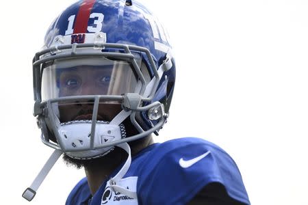 FILE PHOTO: Aug 1, 2018; East Rutherford, NJ, USA; New York Giants wide receiver Odell Beckham Jr. looks on during training camp in East Rutherford. Mandatory Credit: Danielle Parhizkaran/NorthJersey.com via USA TODAY NETWORK